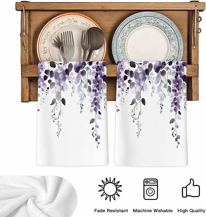 Purple Eucalyptus Kitchen Towels Set of 3, Absorbent Dish Towels for Kitchen, Spring Summer Botanical Plants Chic Microfiber Hand Towel, Quick Drying Tea Towel for Cleaning Decorative Dishcloths - Image 5