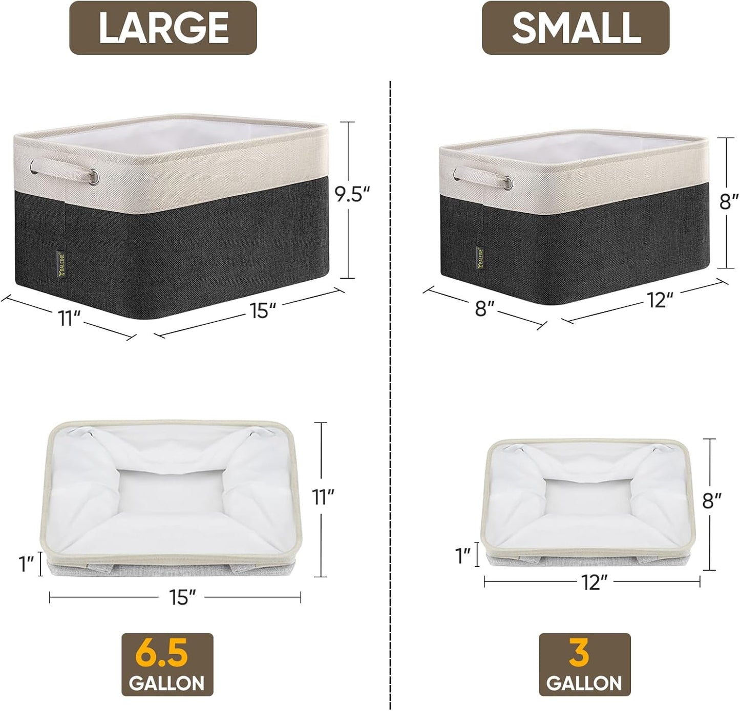 BALEINE 2 Pack Fabric Storage Bins for Shelves, Linen Storage Baskets for Organizing, Decorative Closet Bins for Clothes, Home (Black, 12"x8"x8")