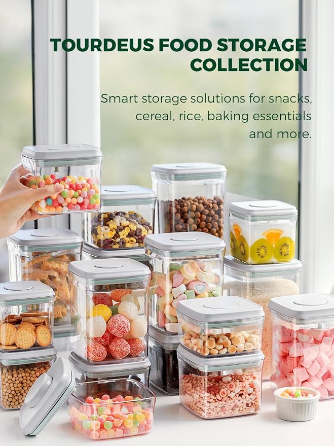 Airtight Pantry Storage Containers, 5 Pack, 0.6-3.5 Qt, Pop-Top | Clear Stackable Kitchen Canisters for Flour, Sugar, Cereal, Rice, Pasta, Coffee and Snacks with Visible Measurement Markings - Image 2