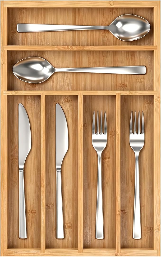 Bamboo Silverware Drawer Organizer, 6 Slots Kitchen Drawer Tray | Bamboo Kitchen Drawer Cutlery Organizer, Utensil Holder, Flatware Organizer Tray (9.5"x15.7"x1.7"), Natural by Thalomely