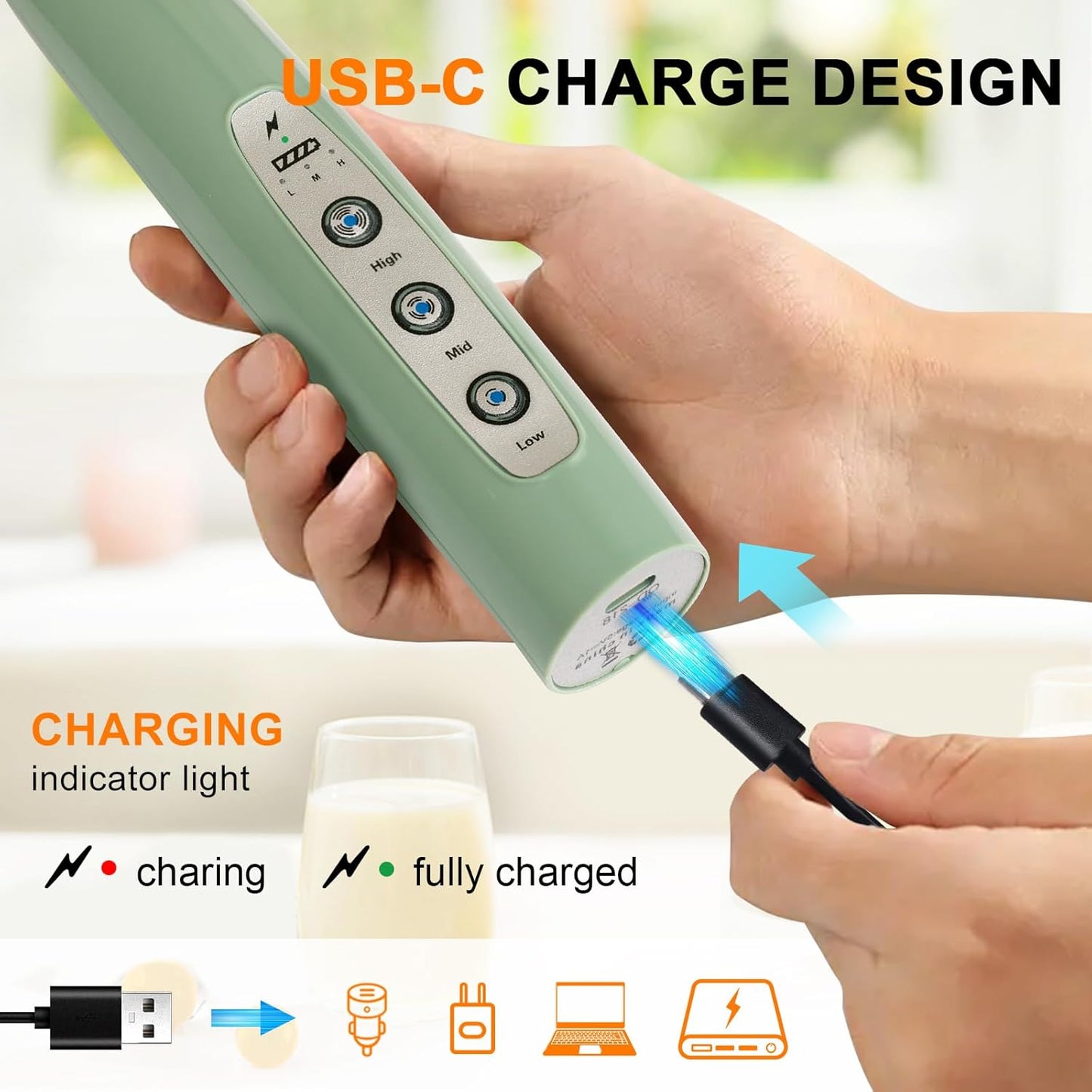 YUSWKO Granite Rechargeable Milk Frother for Coffee with Stand, Handheld Drink Mixer with 3 Heads 3 Speeds Electric Stirrers for Latte, Cappuccino, Hot Chocolate, Egg