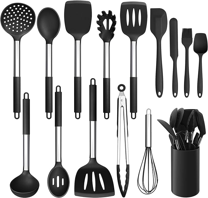 LIANYU 15-Piece Kitchen Cooking Utensils Set with Holder | Silicone Kitchen Tools Stainless Steel Handle, Slotted Spatula Spoon Turner Tong Whisk Brush for Cooking, Black by LIANYU
