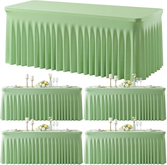 gogoparti 4 Pack Spandex Sage Green Fitted Table Cloth for 8ft Rectangle Tables Sage Green Stretch Tablecloth Table Covers Skirt Banquet Wrinkle Free Tablecloths for Parties Wedding by Gogoparti
