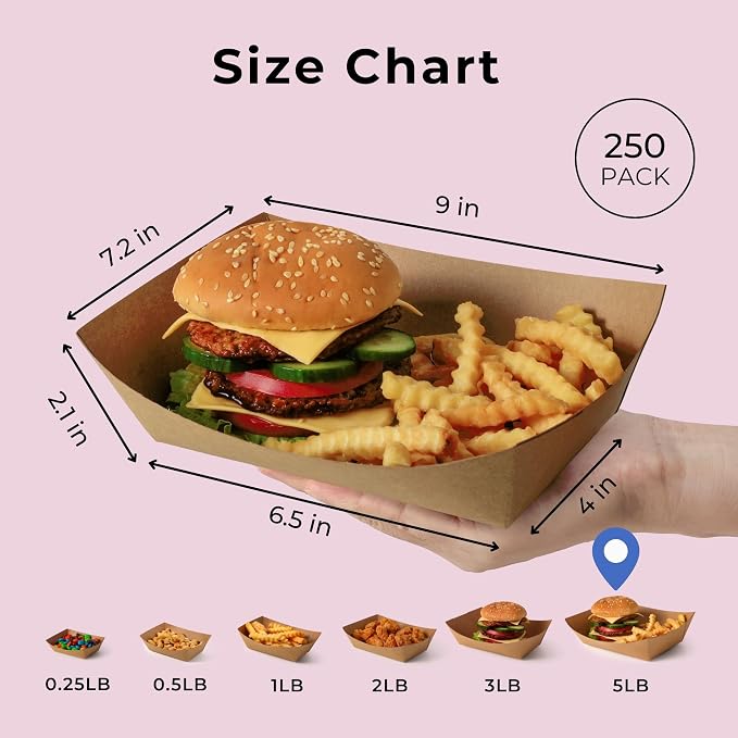 Fit Meal Prep [250 Pack 5 lb Paper Food Boats Heavy Duty Disposable Food Trays, Kraft Brown Nacho Tray for Parties Fairs Picnics Carnivals Holds Tacos Nachos Fries Hot Dogs Grease Resistant - Image 2