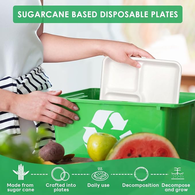 Gezond 100% Compostable 5 Compartment Plates Disposable 12.5 Inch 100 Pack | School Lunch Trays Heavy Duty Divided Eco-Friendly Biodegradable Sugarcane Plates for Party Buffet Lunch Dinner - Image 5