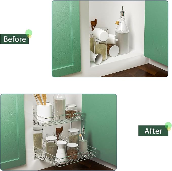 LOVMOR 2 Tier Individual Pull Out Cabinet Organizer 10½" W x 21½" D, Slide Out Kitchen Cabinet Storage Sliding Shelves - Image 6