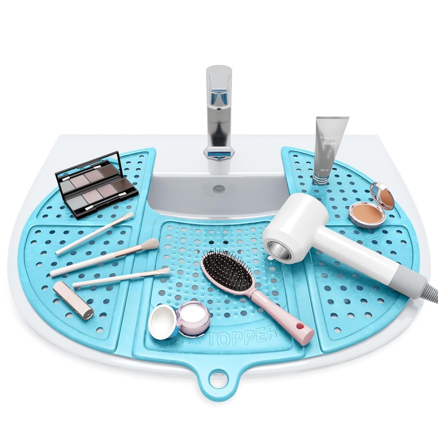 Sink Topper Bathroom Counter Cover & Storage Saver, Foldable Mat for Hot Tools, Hair Styling & Makeup, Beauty Brush Cleaning Mat, RV Camper Sink Cover & for Small Spaces (Standard Pacific Blue)