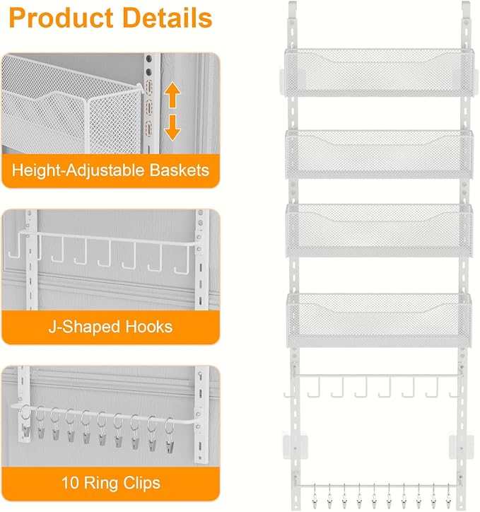 Over the Door Organizer, 2 in 1 Metal Hanging Closet Organizer & Hat Rack with 4 Adjustable Baskets, 8 Hooks, 10 Clips, Behind The Door Storage for Bedroom, Bathroom, Entrance, Closet, Kitchen, White - Image 4