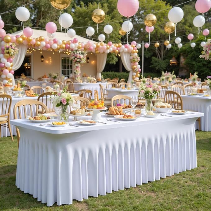 CO-AVE 12pack White Spandex Tablecloths 6ft for Rectangle Tables, Wrinkle Free Classy Table Skirt Stretchy 6 Foot Fitted Table Cloths Covers for Weddings Birthday Party Events Banquette Baby Shower - Image 9