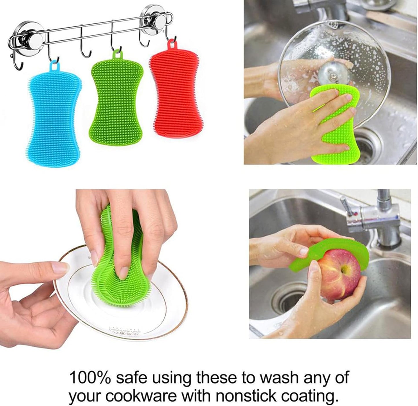 Silicone Sponge Dish Washing Kitchen Scrubber, 6 Pack Reusable Dish Washing Cleaning Sponges Double-Sided Multipurpose Non Stick Silicone Dish Sponges for Dishes, Fruit, Vegetable （Multicolor）