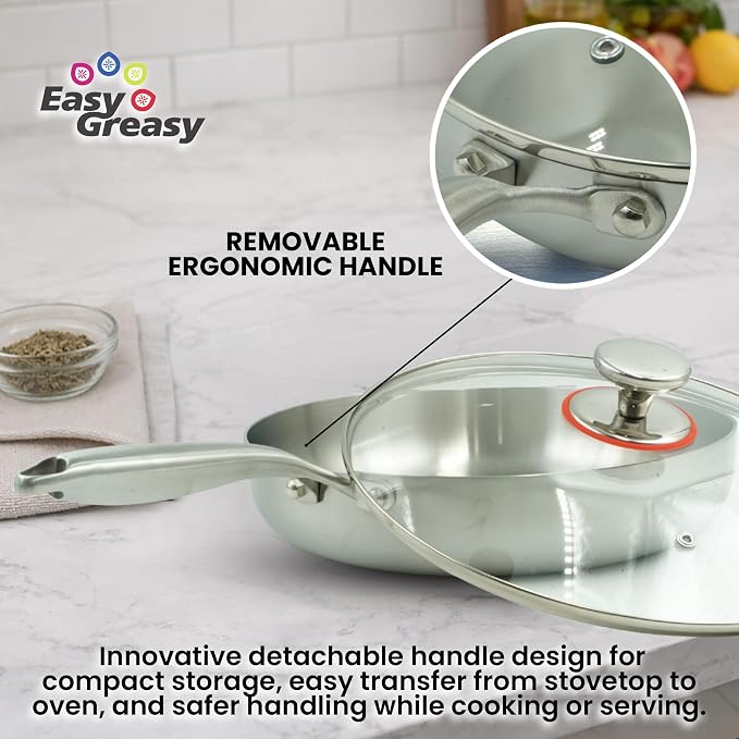 Stainless Steel Frying Pan Set Tri Ply 18/10 Skillet Set 12 10 8 Inch with Lids, Removable Handle, Oven Safe Induction Ready Cookware, Durable Non-Toxic Scratch-Resistant Saute Pans - Image 5