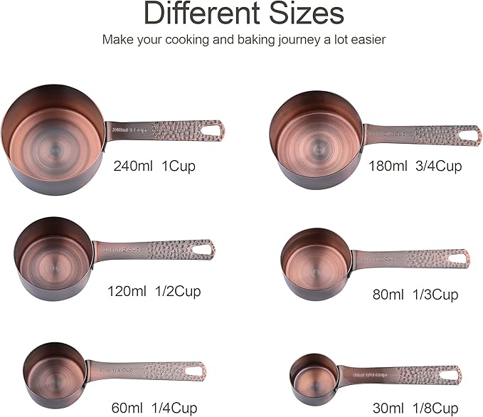 Measuring Cups and Spoons Set 14, Copper Measuring Cups and Spoons Set for Dry & Liquid, Metric & US Stainless Steel 6 Measure Cups and 7 Spoons Set w/Leveler for Kitchen & Baking - Image 4
