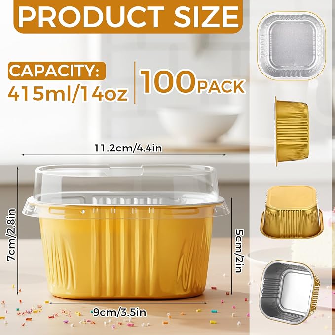 100 Pcs 14 oz Mini Cake Pans with Lids Square Aluminum Pans Aluminum Foil Baking Cups 4" x 4" Muffin Large Cupcake Cups Baking Tins for Party Bakery Kitchen Brownie Desserts(Gold) - Image 2