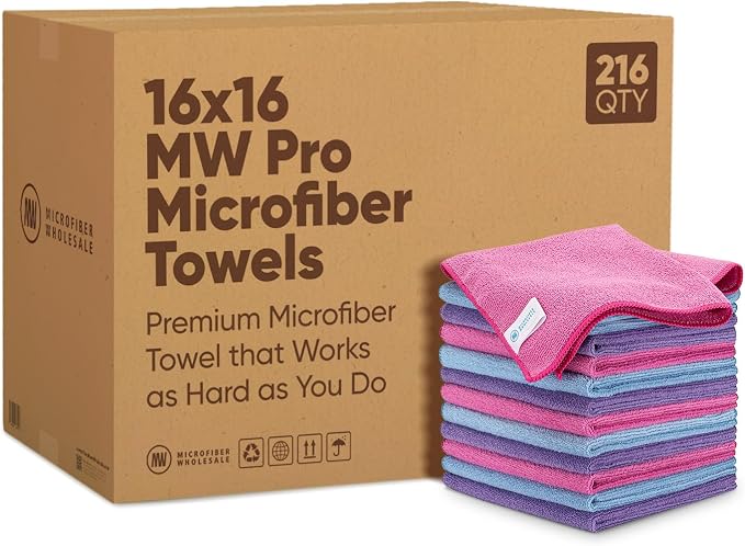 Microfiber Wholesale 16" x 16" Pro Multi Surface Microfiber Towels Bulk | Case: 216 Qty (Pink, Purple, Blue) by MicrofiberWholesale