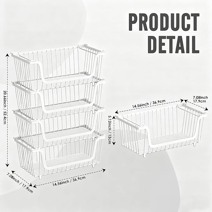 GAOKASE 4 Pcs Stackable Wire Baskets for Pantry Organizers and Storage, | Vegetable Fruit Basket for Countertop,Kitchen Storage Metal Baskets,Produce Potato Onion Storage Bin,White - Image 3