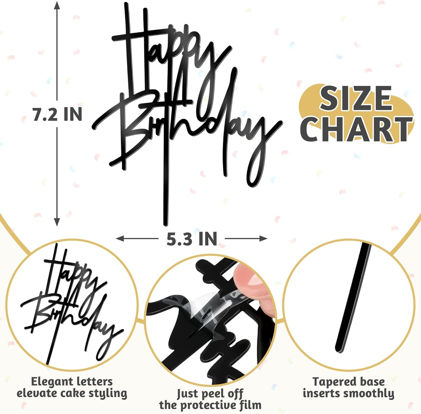 1 PCS Black Happy Birthday Cake Topper, 5.3 Inch x 7.2 Inch Acrylic Cake Topper Happy Birthday Cake Sign, Birthday Cake Decorations for Party Dessert, and Anniversary Supplies