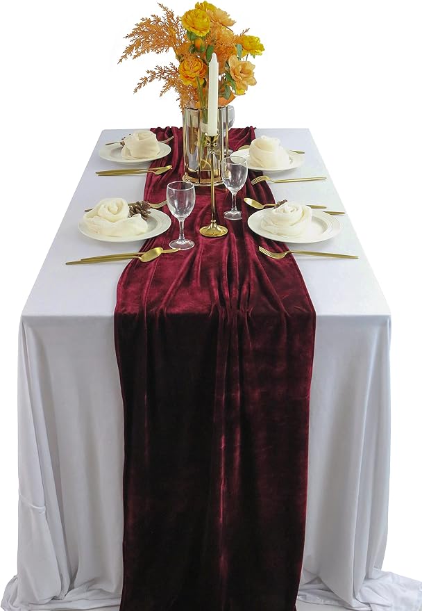 Table Runner 20 x 120 Inches Long Burgundy Wedding Table Runners, Velvet Table Runner for Home Holiday Party Table Decorations 10ft by BTFHOME