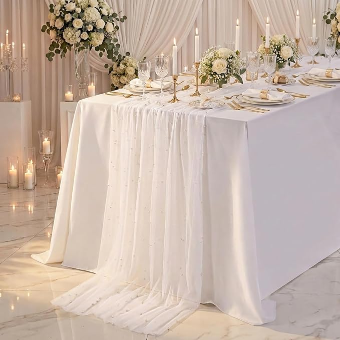 Pearl Gauze Table Runner Tulle Centerpieces Fabric White 10ft Wedding - Image 2