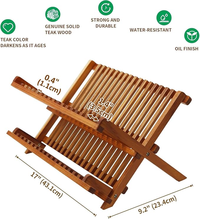 Utoplike Teak Wood Dish Drying Rack, Foldable Plate Organizer Countertop - Image 4