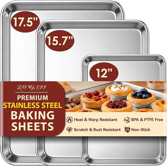 % Baking Sheet Set of 3: Stainless Steel Cookie Sheets for Baking | ././  Baking Pans Set - Dishwasher Safe, Rust Resistant - Mirror Finish, Non Toxic & BPA Free by ZONGXFF