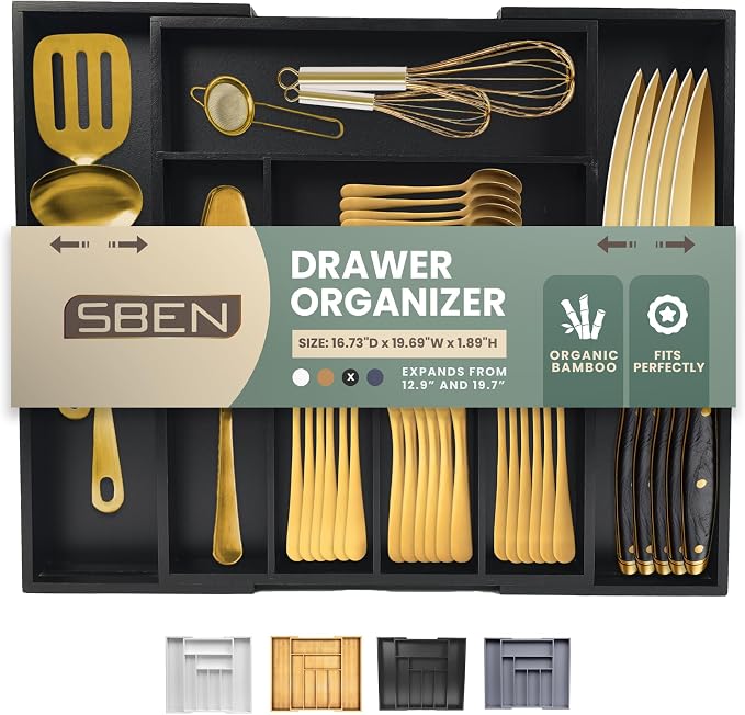 Sben Bamboo Cutlery Drawer Organizer, Black, Large by SBEN