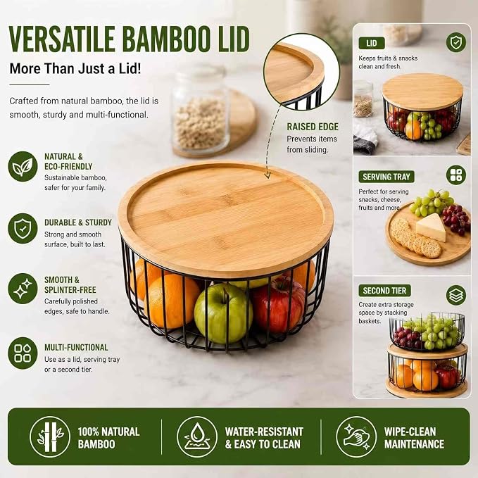 3-Piece Stackable Fruit Basket with Bamboo Lids for Kitchen Counter | Large Mesh Fruit Bowl for Fresh Fruit, Bread & Produce Storage - Image 3
