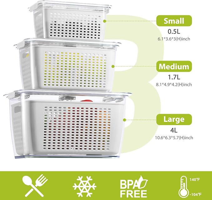 LUXEAR Fresh Container, 3PACK Produce Saver Container BPA Free Fridge Organizer for Vegetable Fruit and Salad Partitioned Food Storage Container with Vents Stay Fresh Containers Not Dishwashers Safe | BPA Free with Removable Colanders Leak-proof Fridge... - Image 2