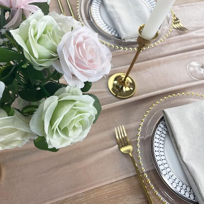 Luxurious Velvet Table Runner, 10ft Wedding Reception Decorations, 20x120inch Soft Velvet Fabric, Table Linen Overlay, Wedding Table Runners (Champagne, 20X120inch) - Image 5
