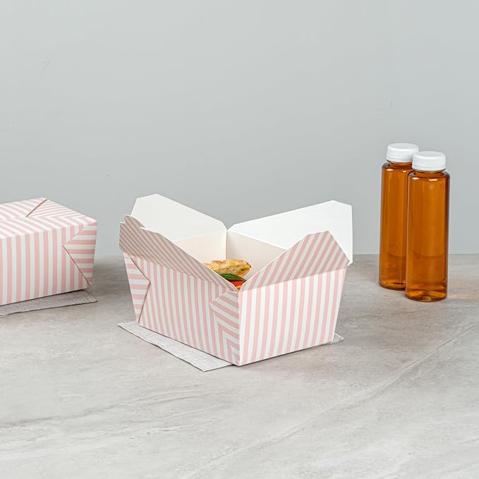 Restaurantware-Bio Tek 8.5 x 6.2 x 3.5 Inch Food Containers, 200 Durable Takeaway Boxes - Disposable, Striped, Pink And White Paper 98 Ounce Takeout Boxes, Rectangle, For Takeouts And Delivery - Image 6