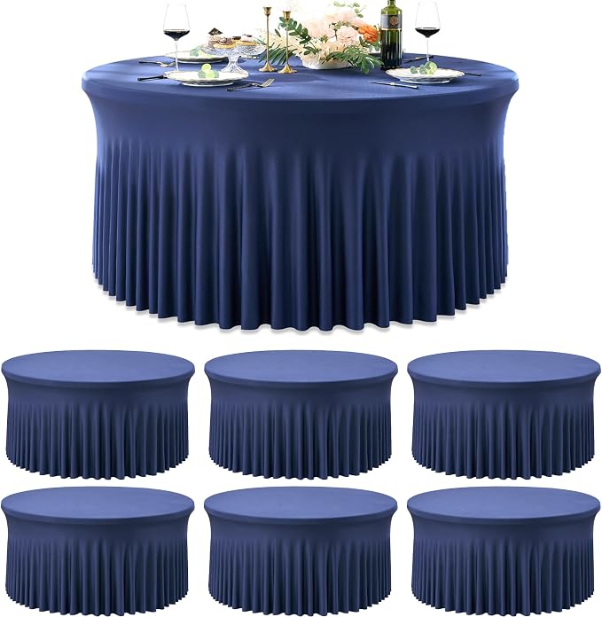 6 Pack Navy Blue Round Spandex Tablecloths for 60 inch Table, Wrinkle Free Stretchy 120inch Fitted 5FT Round Table Cloths Cover with Skirt for Wedding Birthday Party Dining Banquet Events by Htper
