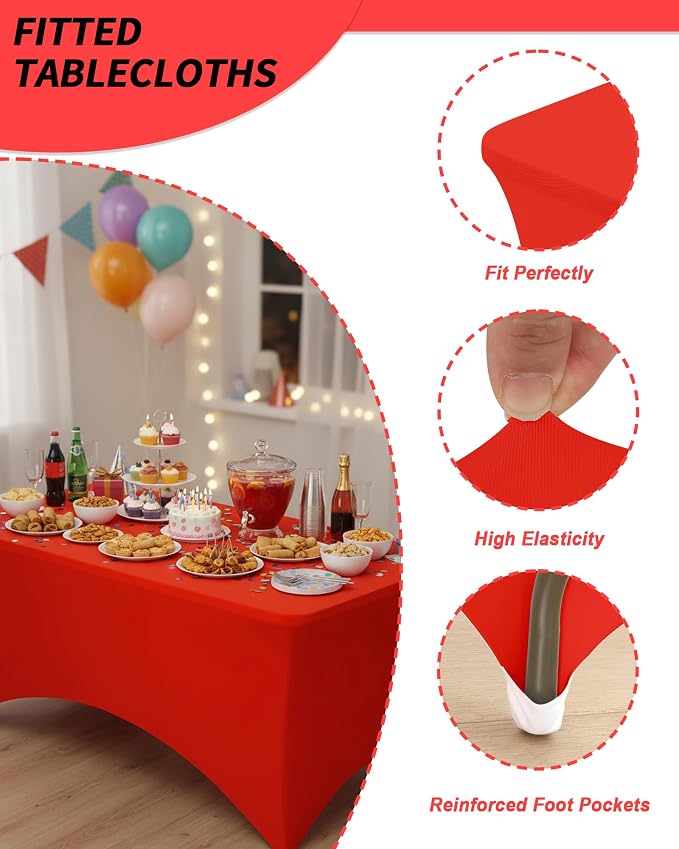Fixwal 4 Pack 6FT Red Tablecloth Rectangle Spandex Fitted Table Cover - Image 4