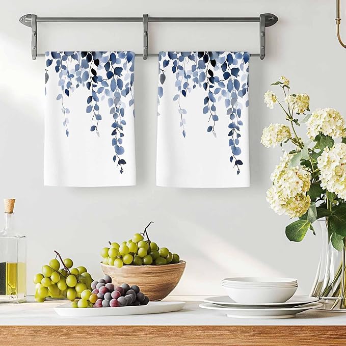 Blue Eucalyptus Kitchen Towels Set of 3, Absorbent Dish Towels for Kitchen, Spring Summer Botanical Plants Chic Microfiber Hand Towel, Quick Drying Tea Towel for Cleaning Decorative Dishcloths - Image 3