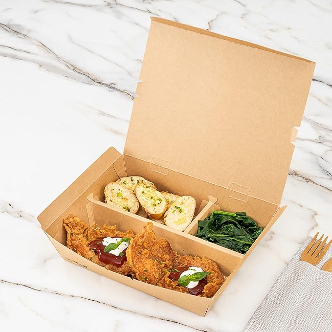 Restaurantware-Bio Tek 50.7 Ounce To Go Boxes, 100 Disposable Bento Boxes - 3 Compartments, Tab Lock Closure, Kraft Paper Take Out Box, Serve Hot and Cold Foods, For Restaurants or Parties - Image 3