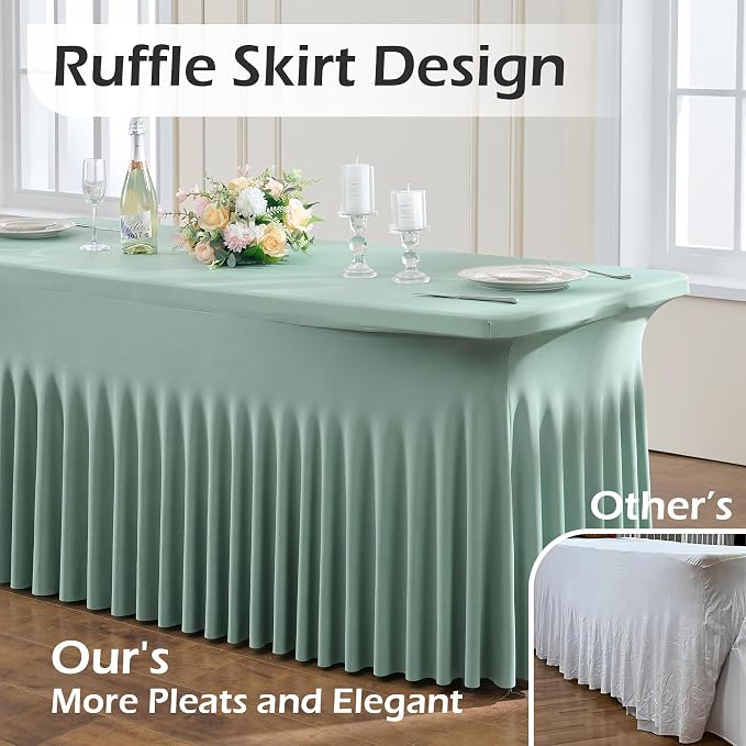 NSSONBEN 2 pk Sage Green Spandex Tablecloth for 8 Foot Rectangle Tables,Wrinkle Free Fitted Spandex Table Covers 8ft Stretch Table Cloths with Ruffle Skirt for Parties Weddings Banquet Baby Shower - Image 2