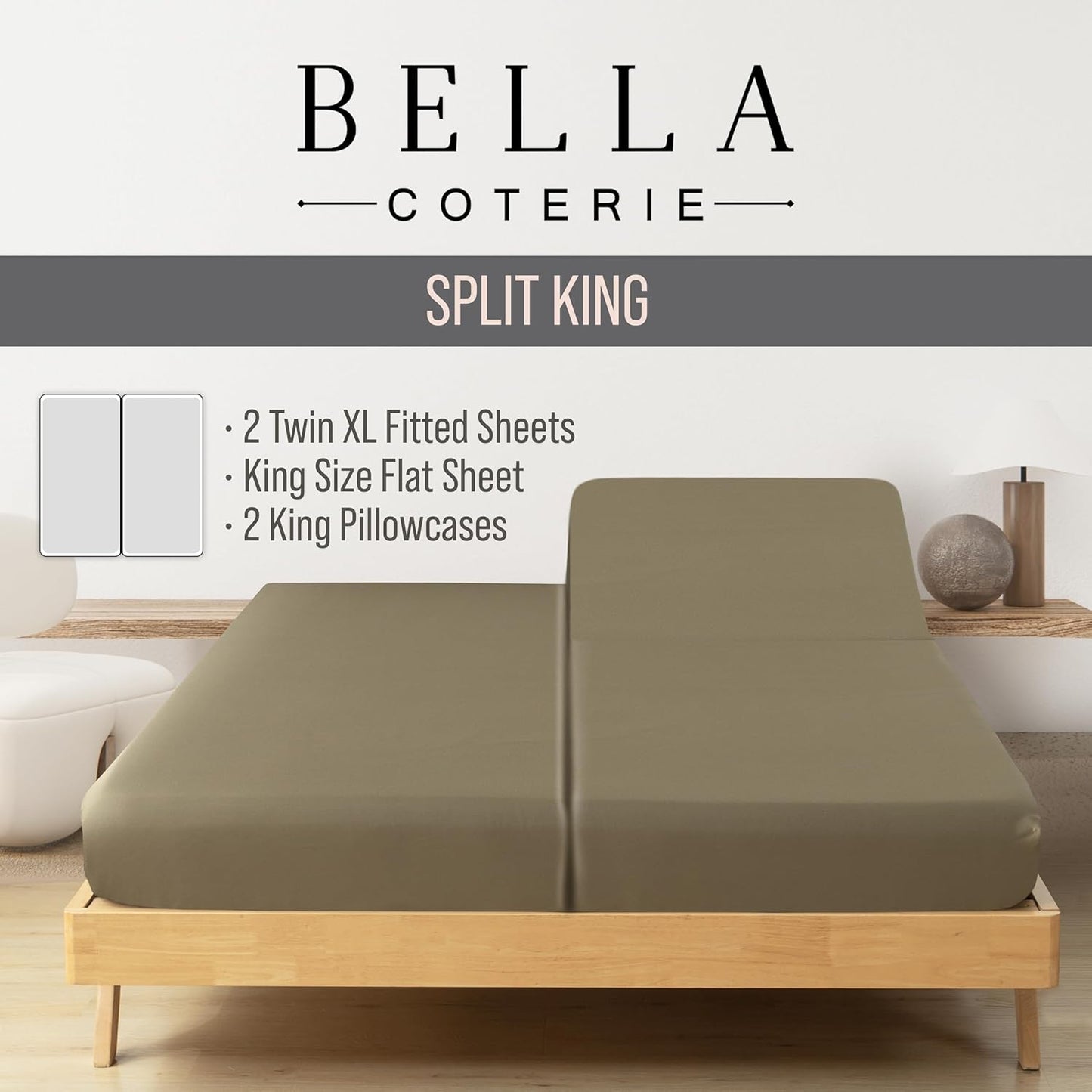 Bella Coterie Luxury Bamboo Viscose Split King Size Sheet Set | 100% Organically Grown | Ultra Soft | Cooling for Hot Sleepers | 18" Deep Pocket [Olive]