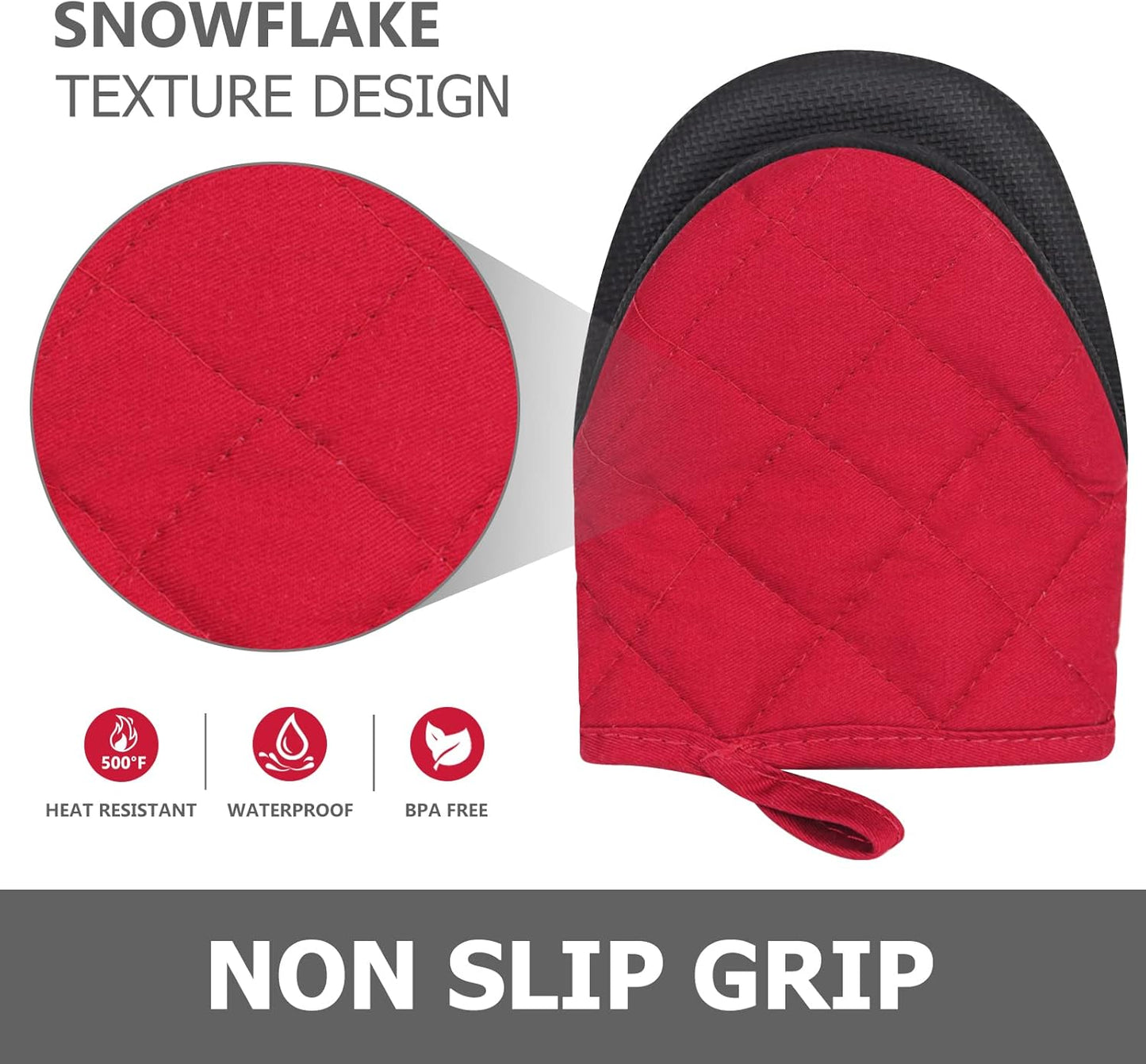 Qulable 1 Pair Short Oven Mitts - Silicone Kitchen Oven Gloves High Heat Resistant 500℉, Mini Oven Mits with Non-Slip Grip Surfaces and Hanging Loop for BBQ, Baking, Cooking and Grilling (Red)