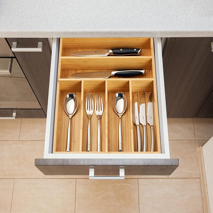 Umilife Kitchen Drawer Organizer, 12 Inch Silverware Utensil Tray Holder, Extra Deep, with Non-Slip Feet & Grooved Drawer Divider, 6 Slots Total Bamboo Wood Caddy for Flatware Cutlery Knives - Image 6