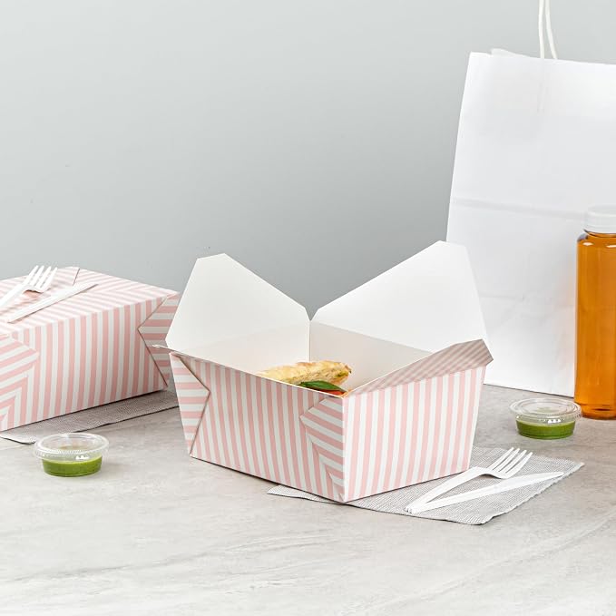 Restaurantware-Bio Tek 8.5 x 6.2 x 3.5 Inch Food Containers, 200 Durable Takeaway Boxes - Disposable, Striped, Pink And White Paper 98 Ounce Takeout Boxes, Rectangle, For Takeouts And Delivery - Image 8