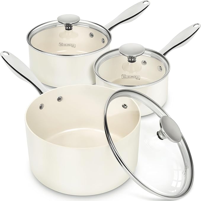MICHELANGELO Sauce Pan Sets - Ceramic Sauce Pan with Lid, Nonstick Saucepan Set, 1Qt & 2Qt & 3 Qt Small Pots for Cooking, Non-Toxic Sauce Pot, White by Michelangelo