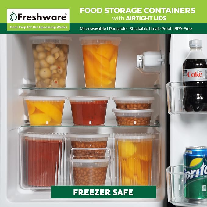 Freshware Food Storage Containers [24 Set] 32 oz Plastic Deli Containers with Lids, Slime, Soup, Meal Prep Containers | BPA Free | Stackable | Leakproof | Microwave/Dishwasher/Freezer Safe - Image 7