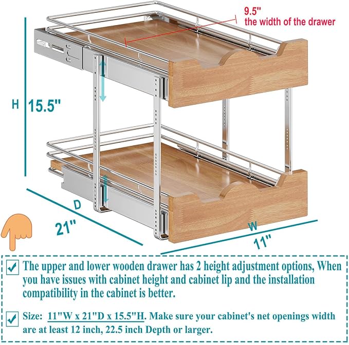 OCG Pull Out Cabinet Organizer 11" W x 21" D, 2 Tier Slide Out Shelf, Heavy-Duty Pull Out Drawer for Cabinets, Base Cabinet Organization for Kitchen, Pantry, Bathroom - Image 2