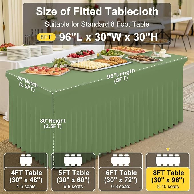 Smiry Spandex Tablecloth 6 Pack, Elastic Fitted Stretch Tablecloth for 8FT Rectangle Tables, Waterproof Washable Table Cover Skirt for Wedding, Banquet & Parties (Sage Green, 96Lx30Wx30H Inch) - Image 4