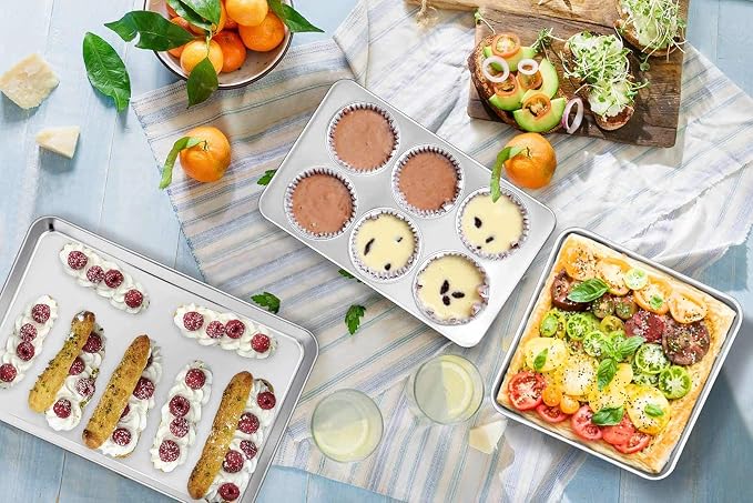 TeamFar Stainless Steel Bakeware Set of 11 | Toaster Oven Baking Pan Set, Lasagna Pan, Square & Round Cake Pan, Loaf Pan & Muffin Pan, Healthy & Sturdy, Dishwasher Safe - Image 6