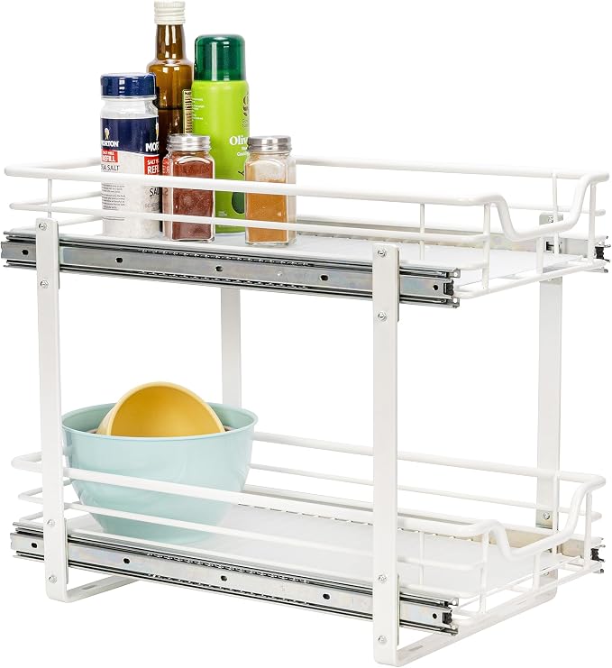 Household Essentials White Powder-Coated Steel Dual-Tier Slide Organizer with Plastic Accents by HouseholdEssentials
