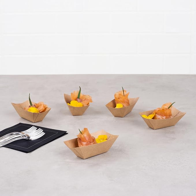 Restaurantware-Bio Tek 2 Ounce Food Boats, 50 Disposable Paper Food Trays - Heavy-Duty, Grease-Resistant, Kraft Paper Food Boats, For Snacks, Appetizers, Or Treats, Use At Parties Or Carnivals - Image 4