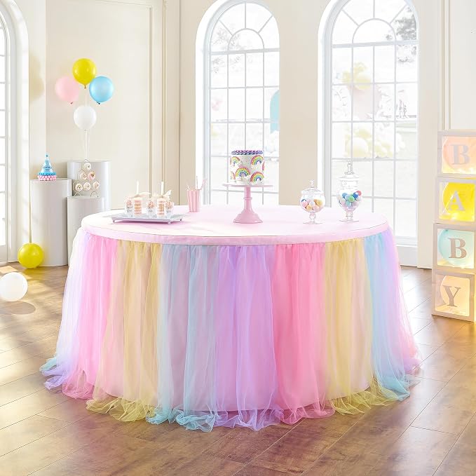 108in Rainbow Tulle Table Skirts for Rectangle Tables 6/8/4ft, 2-Layer Pastel Color Unicorn Ruffle Tulle Tutu Cloth Table Skirt 9ft for Girl Birthday Party Baby Shower Cake Dessert(No Table Cover) - Image 3