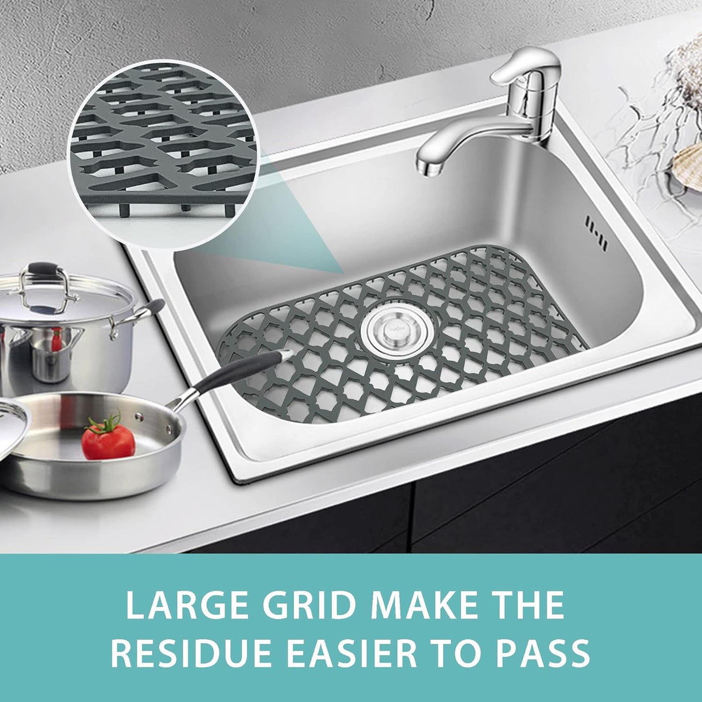 Sink Protectors for Bottom of Kitchen Sink 13x11 &16x12 &21x16 &22x13 &24x13 &26x14 &28x14 &30x16, Large Farmhouse Silicone Mats Grid (19”x14”, Rear Drain)