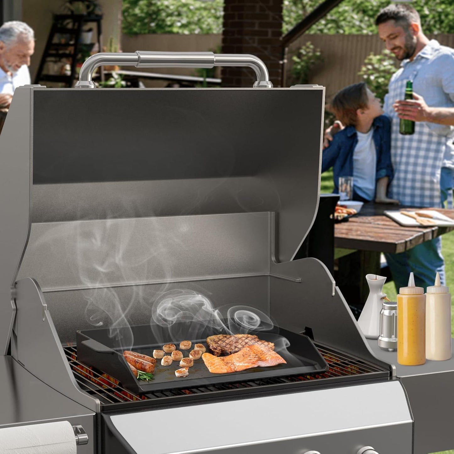 Onlyfire Universal Cast Iron Griddle for Gas Grills and Range Oven, Non-stick BBQ Flat Top Griddle with Handles for Outdoor Cooking, Tailgating, 18.6" × 14"