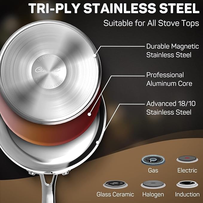 Ciwete 2 Quart Sauce Pan with Lid, Tri Ply Stainless Steel Saucepan 2 Qt with Stainless Steel Lid, 2 Measuring Lines, Upgraded Packaging, Cool Ergonomic Handle, Dishwasher & Oven Safe - Image 2