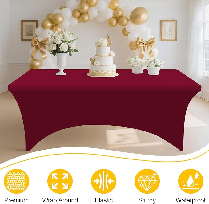 Smiry 2 Pack Spandex Table Cloth 8FT, Elastic Fitted Wine Red Tablecloth - Image 3